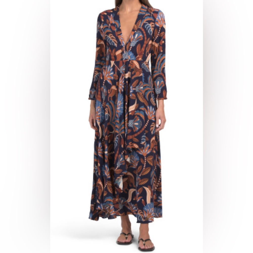 FARM Rio Navy Maxi Dress with Rust and Light Blue Leaf Motif